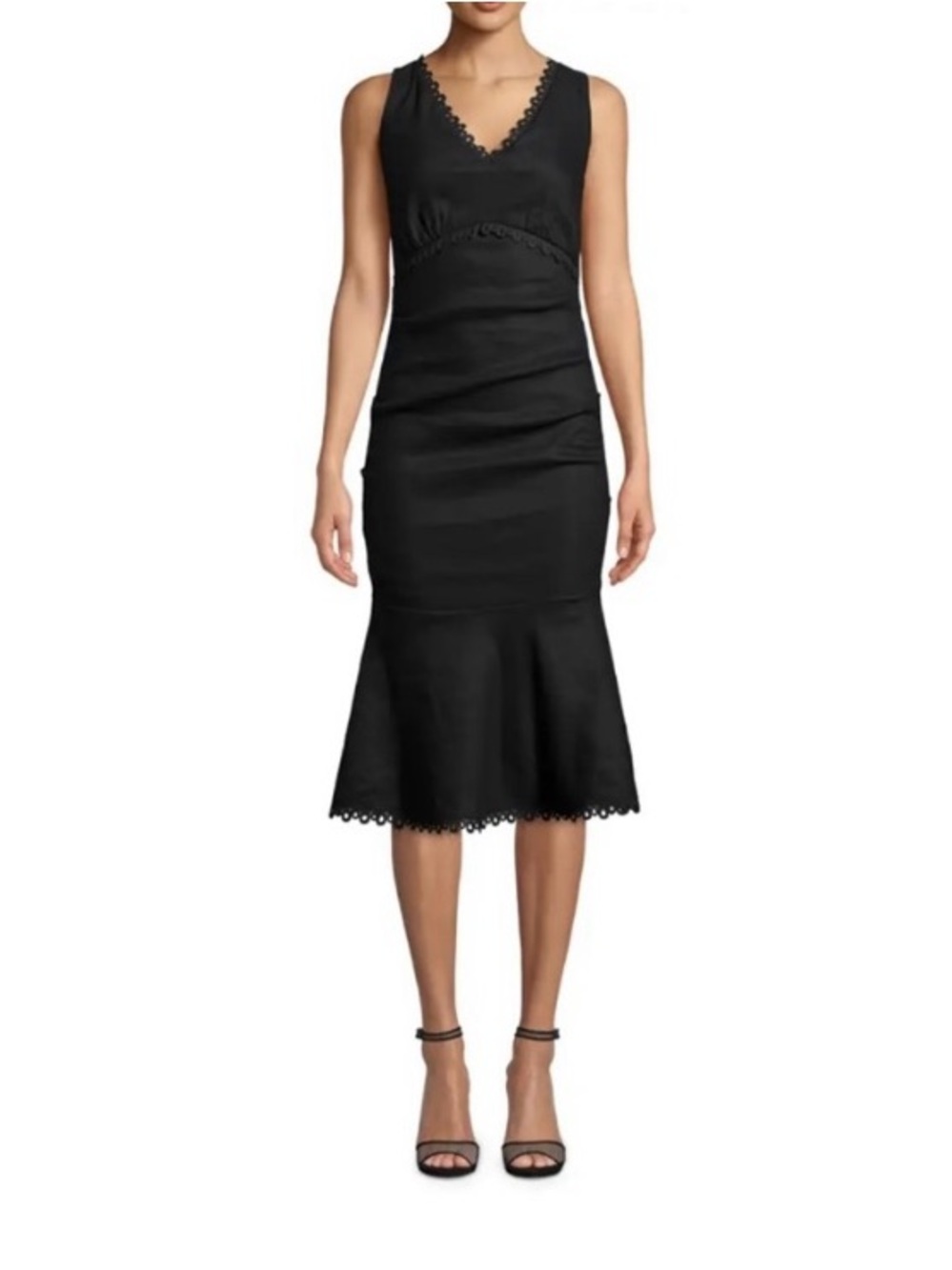 NWOT Nicole Miller Black Sleeveless V-Neck Midi Dress with Scalloped Trim